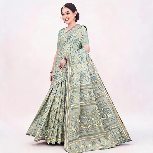 Sage_Green_Pure_Cotton_Floral_Print_Saree_For_Women