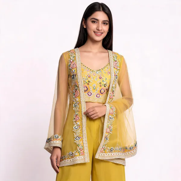 Yellow_Chiffon_Embroidered_Jacket_Style_Ethnic_Set_For_Women