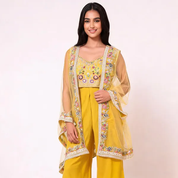 Yellow_Chiffon_Embroidered_Jacket_Style_Ethnic_Set_For_Women