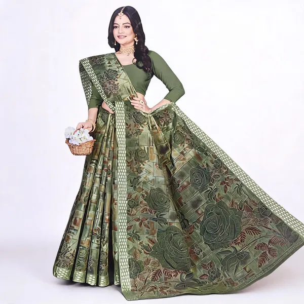 Green_Pure_Cotton_Floral_Print_Saree_For_Women