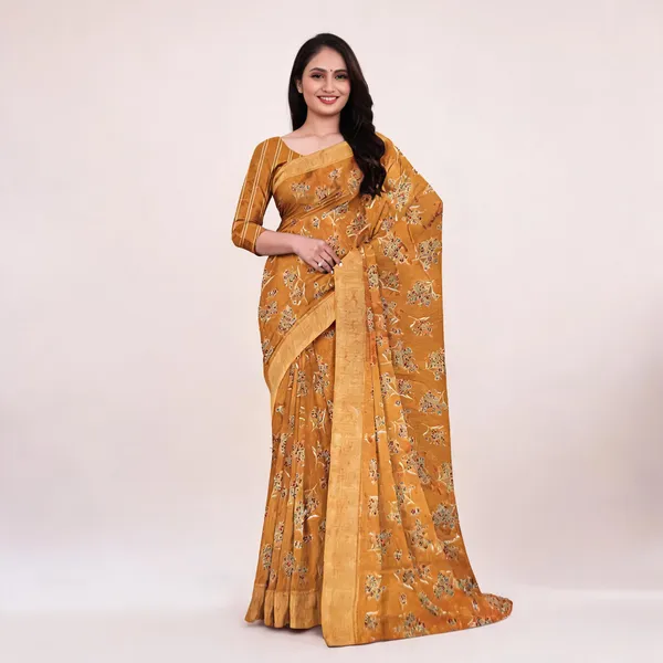Mustard_Georgette_Floral_Print_Saree_For_Women