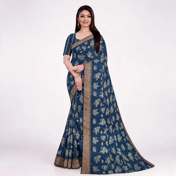 Navy_Blue_Georgette_Floral_Print_Saree_For_Women