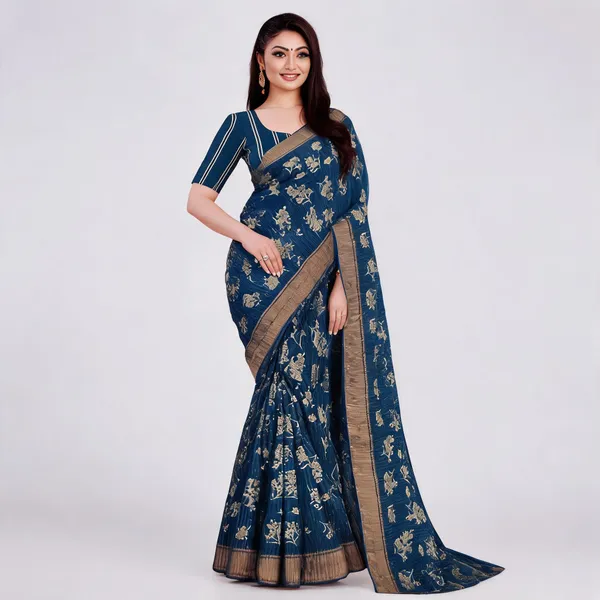 Navy_Blue_Georgette_Floral_Print_Saree_For_Women