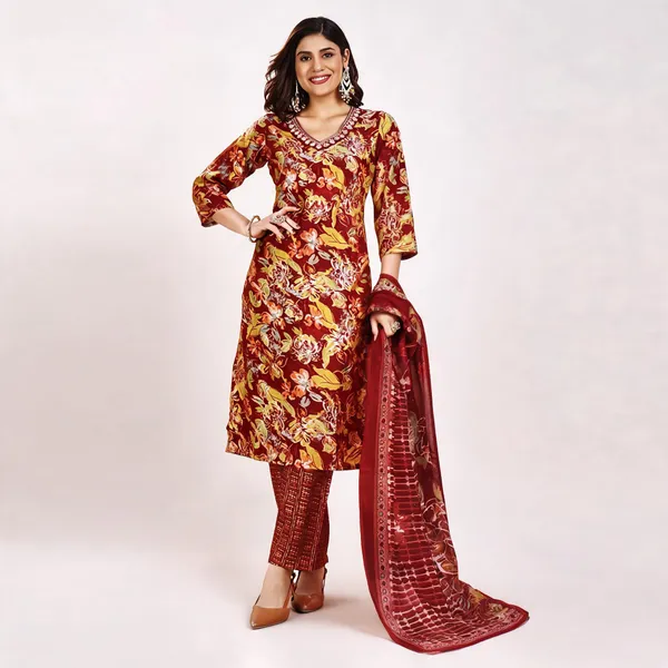 Maroon_Cotton_Silk_Floral_Print_Straight_Kurta_Suit_Set_For_Women