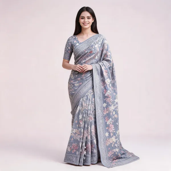 Grey_Georgette_Floral_Print_Saree_For_Women