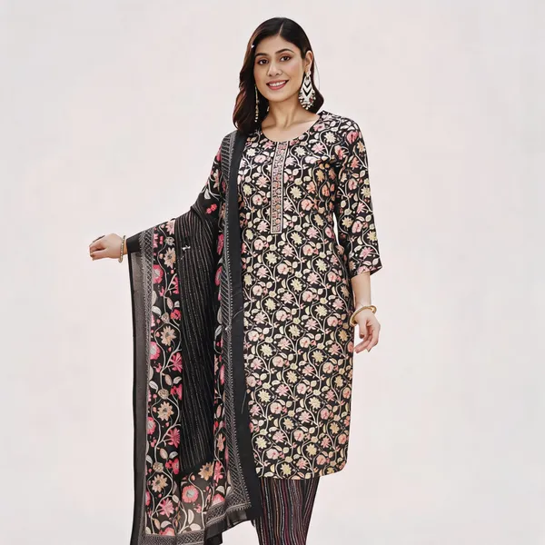 Black_Cotton_Silk_Floral_Print_Straight_Kurta_Suit_Set_For_Women