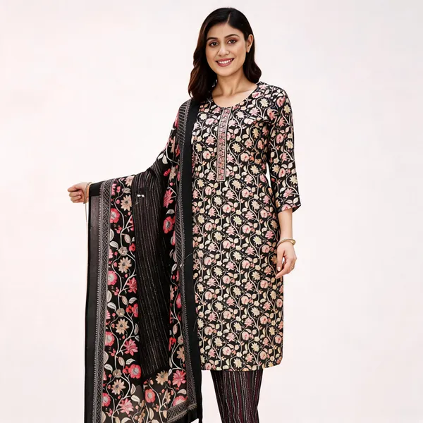 Black_Cotton_Silk_Floral_Print_Straight_Kurta_Suit_Set_For_Women