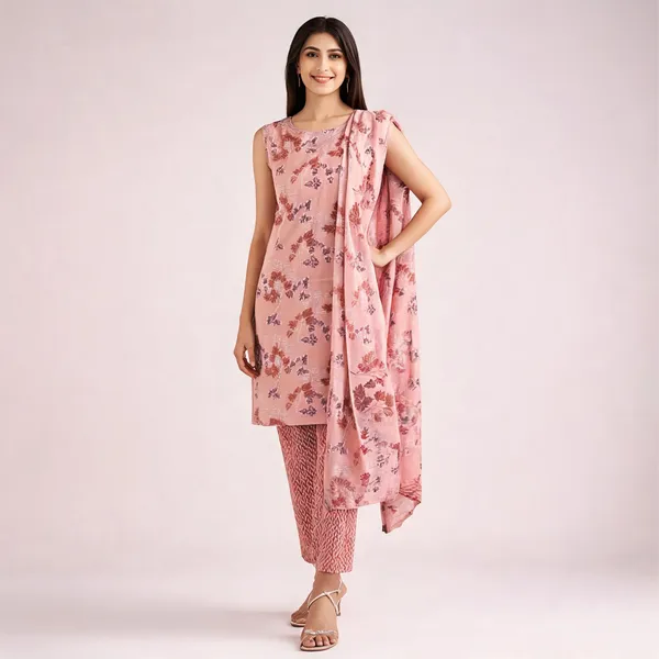Pink_Cotton_Sleeveless_Floral_Print_Kurta_Suit_Set_For_Women