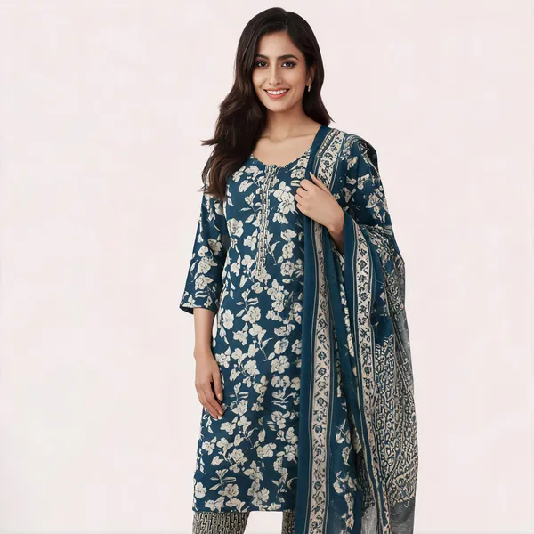 Navy_Blue_Cotton_Floral_Print_Straight_Suit_Set_For_Women