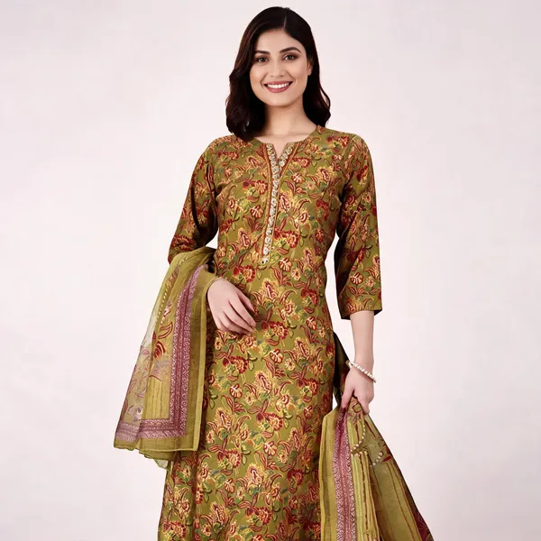 Olive_Cotton_Silk_Floral_Print_Straight_Kurta_Suit_Set_For_Women