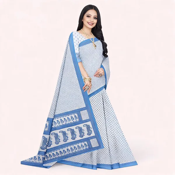 White_Pure_Cotton_Printed_Saree_With_Blouse_For_Women