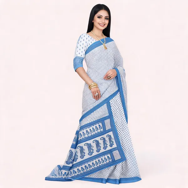 White_Pure_Cotton_Printed_Saree_With_Blouse_For_Women