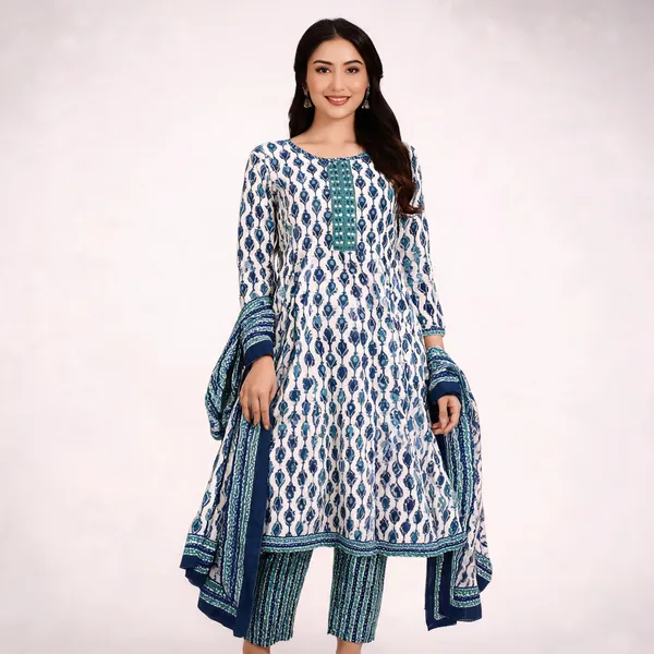 White_Blue_Cotton_Printed_Anarkali_Suit_Set_For_Women