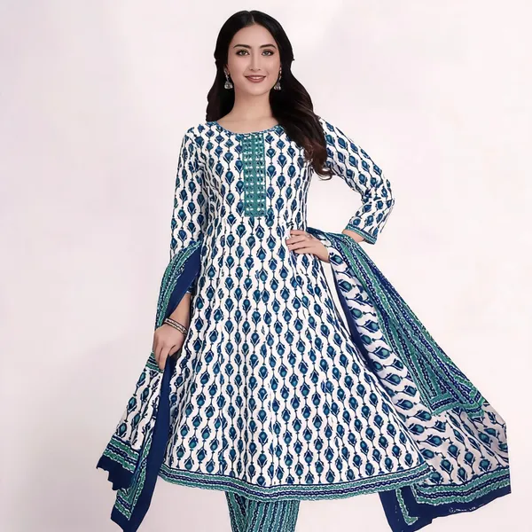 White_Blue_Cotton_Printed_Anarkali_Suit_Set_For_Women
