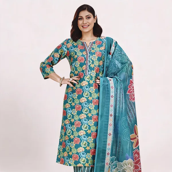 Teal_Cotton_Silk_Floral_Print_Straight_Kurta_Suit_Set_For_Women