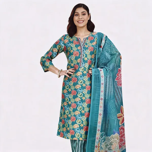 Teal_Cotton_Silk_Floral_Print_Straight_Kurta_Suit_Set_For_Women