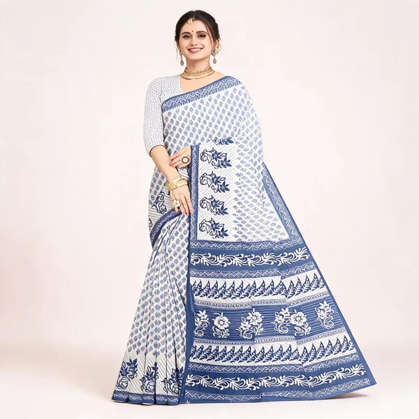White_Pure_Cotton_Printed_Saree_With_Blouse_For_Women