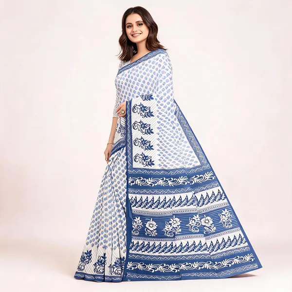 White_Pure_Cotton_Printed_Saree_With_Blouse_For_Women