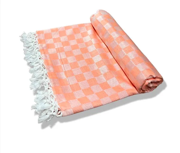 Peach_Checkered_Fringed_Woven_Towel