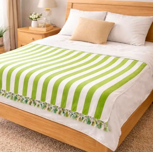 Green_White_Striped_Tassel_Bedspread