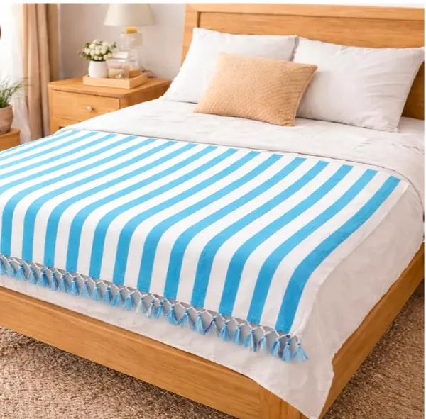 Blue_And_White_Striped_Tassel_Bed_Throw