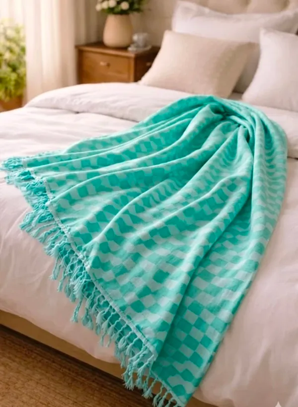 Turquoise_Woven_Checkered_Tassel_Throw_Blanket