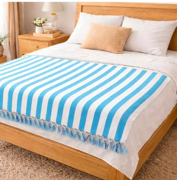 Blue_And_White_Striped_Tassel_Bed_Throw