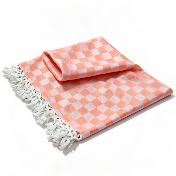 Viscose_Silk_Bedroom_Checkered_Peach_Fringed_Blanket