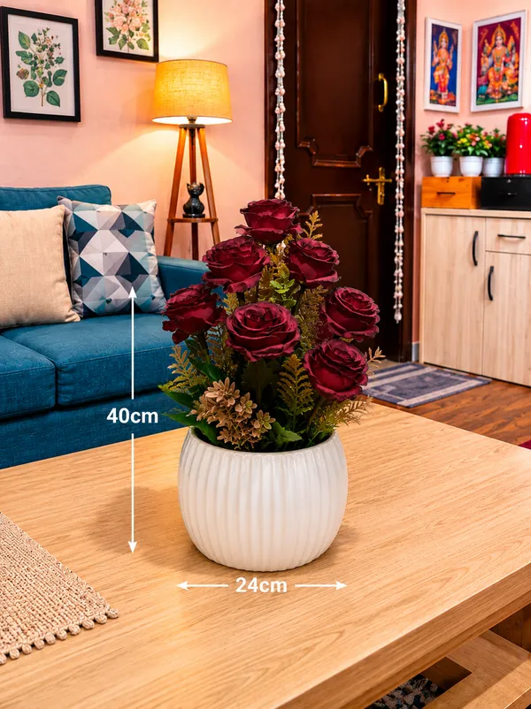 Plastic_Decor_Burgundy_Rose_Floral_Arrangement_Artificial_Plant_With_Pack_Of_2