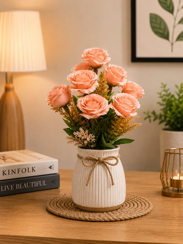 Plastic_Decor_Peach_White_Ribbed_Rose_Artificial_Plant_Pack_Of_2