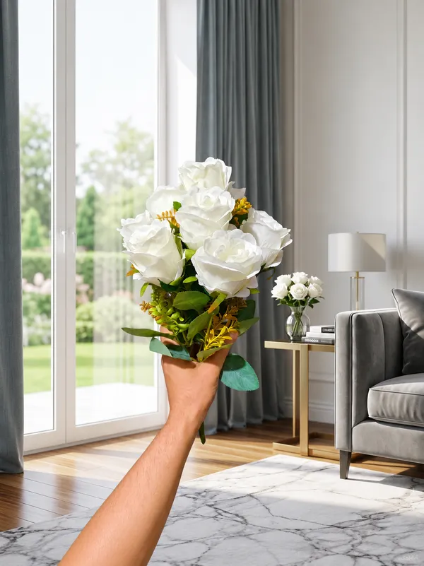 Plastic_Decor_White_Green_Rose_Artificial_Flower_Bouquet