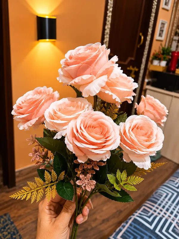 Plastic_Decor_Peach_White_Ribbed_Rose_Artificial_Plant_Pack_Of_2