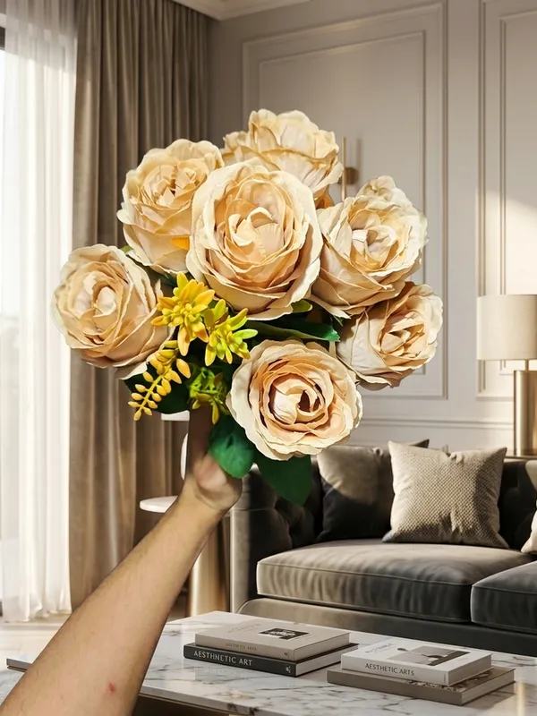 Plastic_Decor_Beige_Rose_Artificial_Flower_Bouquet