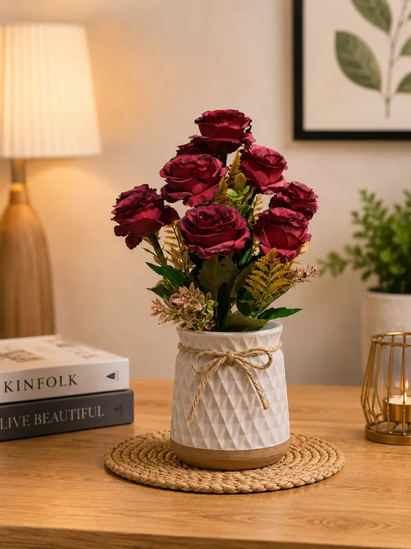 Plastic_Decor_Burgundy_Rose_Floral_Arrangement_Artificial_Plant_With_Pack_Of_2