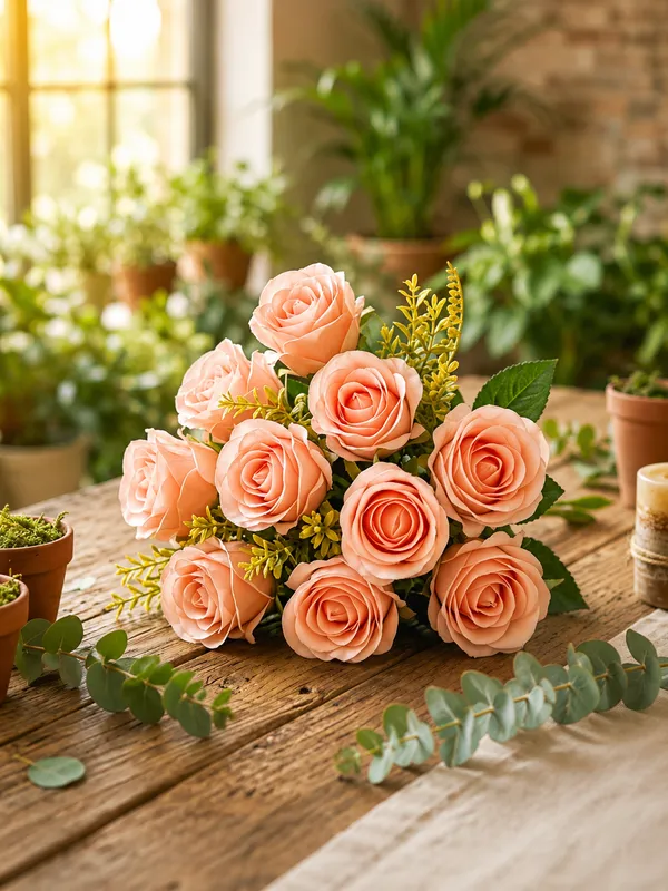 Plastic_Decor_Peach_Rose_Artificial_Flower_Bouquet