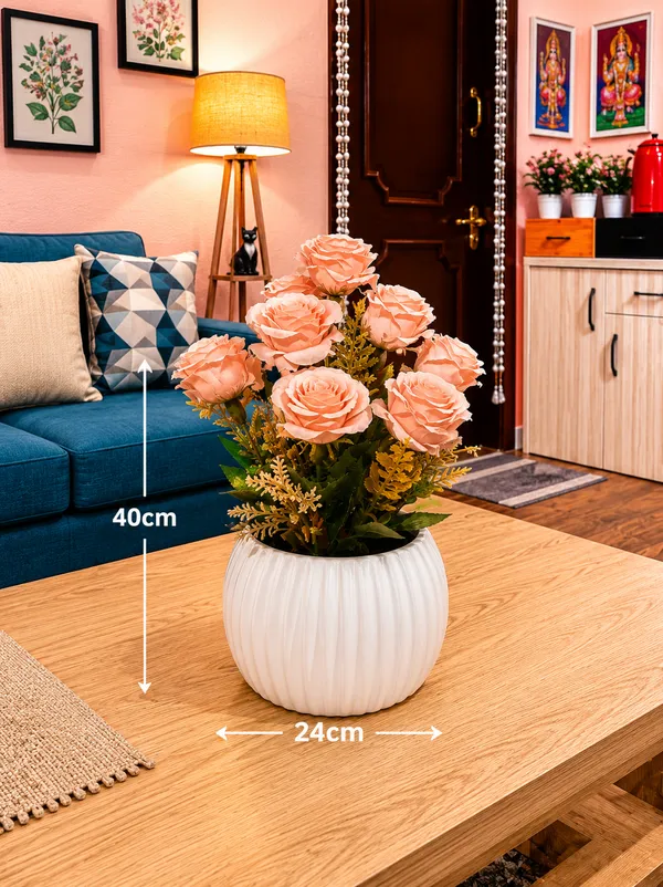 Plastic_Decor_Peach_White_Ribbed_Rose_Artificial_Plant_Pack_Of_2