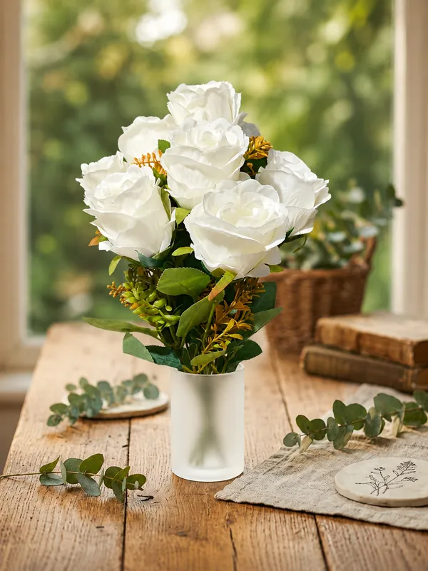 Plastic_Decor_White_Green_Rose_Artificial_Flower_Bouquet