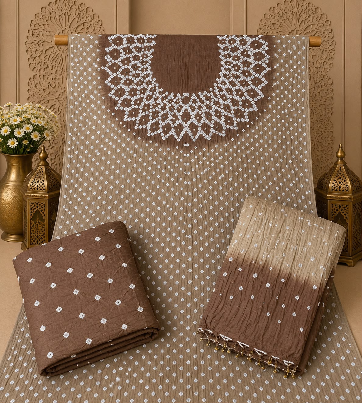 Chevron_Unstitched_Bandhej_Cotton_Suit__Bandhani_Suit_Set_with_Mirror_Work_&_Tassel_Dupatta
