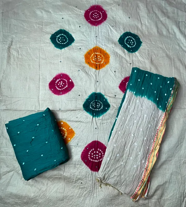Chiku_Bandhej_Suit_-_Multicolor_Bandhani_Chakras,_Mirror_Work,_Dark_Green_Bottom,_Double_Color_Tassel_Dupatta