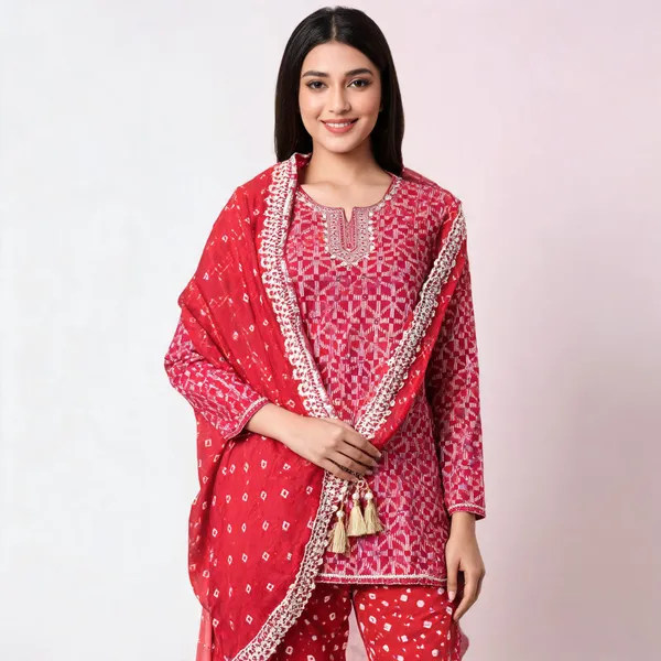Red_Geometric_Suit_Set_-_White_Pattern_on_Rani_Pink_Base,_Zardosi_Handwork,_Lace_Dupatta,_Bandhej_Salwar