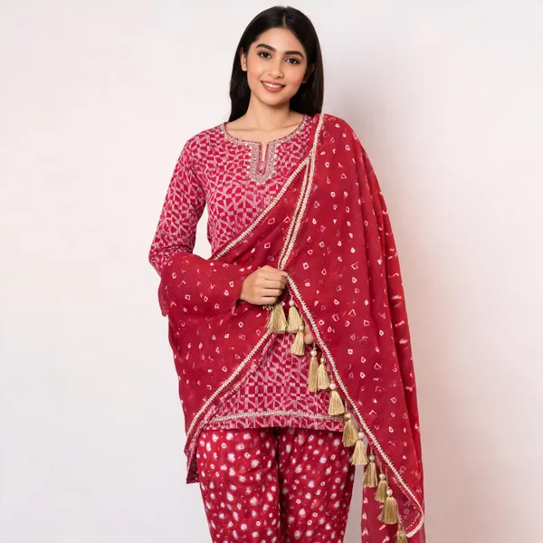 Red_Geometric_Suit_Set_-_White_Pattern_on_Rani_Pink_Base,_Zardosi_Handwork,_Lace_Dupatta,_Bandhej_Salwar