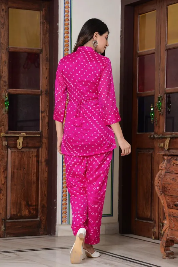 Vibrant_Hand_bandhej__Art_Silk_Co-Ord_Set_with_Embellished_Waist_Detail_&_Matching_Pants