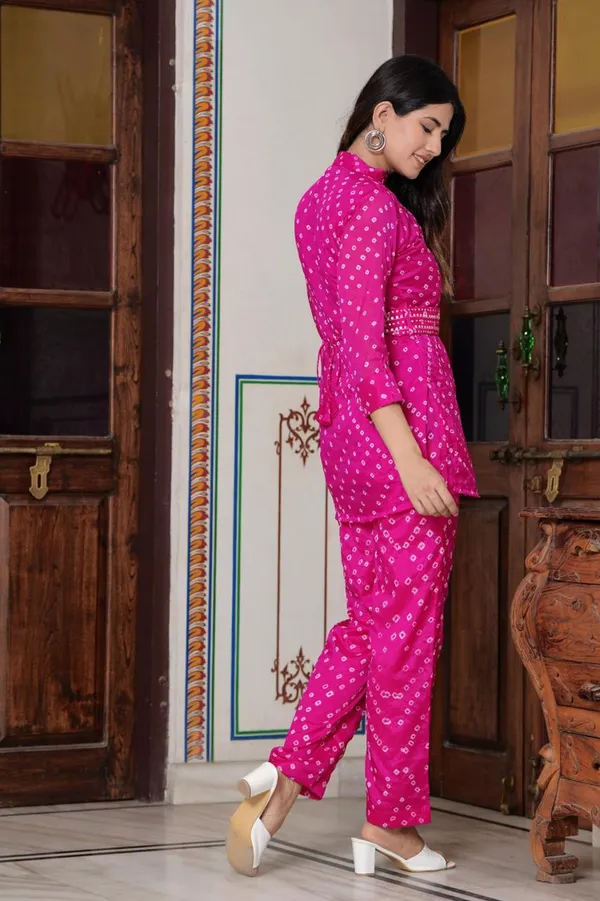 Vibrant_Hand_bandhej__Art_Silk_Co-Ord_Set_with_Embellished_Waist_Detail_&_Matching_Pants