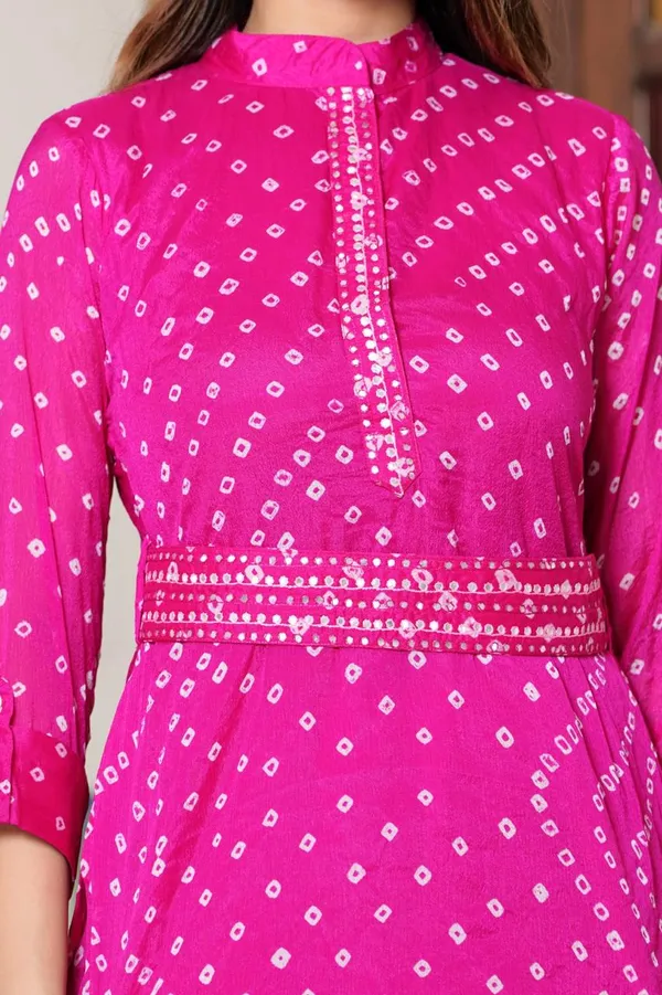 Vibrant_Hand_bandhej__Art_Silk_Co-Ord_Set_with_Embellished_Waist_Detail_&_Matching_Pants