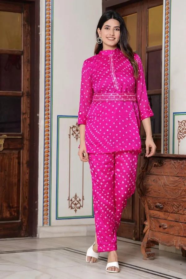 Vibrant_Hand_bandhej__Art_Silk_Co-Ord_Set_with_Embellished_Waist_Detail_&_Matching_Pants