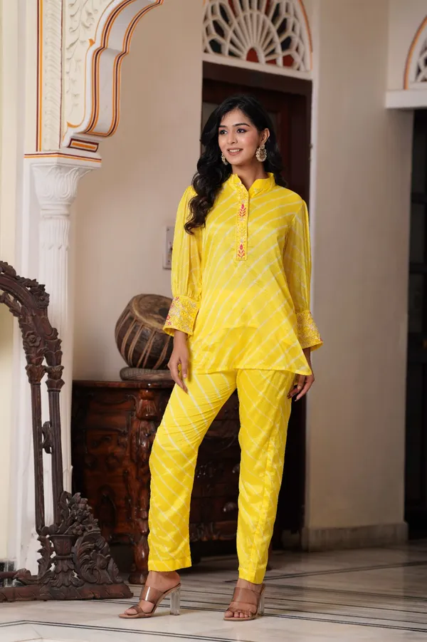 Hand_Bandhej_Art_Silk_Co-Ord_Set_with_Embroidered_Neckline,_Embellished_Cuffs_&_Matching_Pants