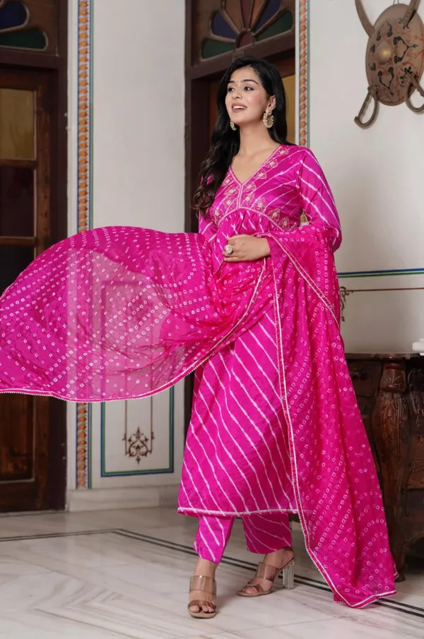 Hand_Bandhej__Art_Silk_Alia_Cut_Suit_with_Embroidered_Neckline,Lehriya_Kurta_&_Coordinated_Bandhej_Dupatta