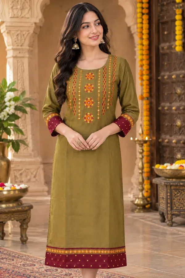 Brown__Embroidered_cotton_Straight_Kurti_with_Round_Neck_and_3/4_Sleeves