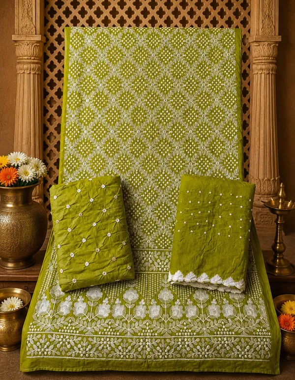 Pista_Bandhej_Cotton_Set_-_Jaali_Threadwork,_Floral_Border,_Mirror_Work,_Bandhej_Dupatta