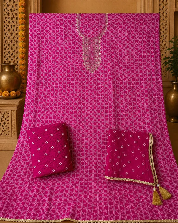 Fushia_Pink_Geometric_Suit_Set_-_White_Pattern_on_Rani_Pink_Base,_Zardosi_Handwork,_Lace_Dupatta,_Bandhej_Salwar